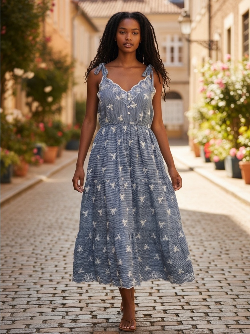 Blue Embroidered Smocked Tie-Shoulder Midi Dress